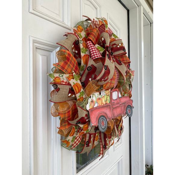 Red Pumpkin Truck Wreath, Rustic Farmhouse Mesh Ribbon Fall Autumn Wreath - Picture 5 of 7